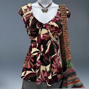 Y2K Boho Leaf Print Top AB Studio S Empire Waist Tie Back Maroon Pink Floral